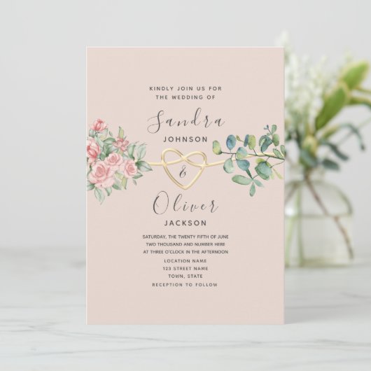 Boho Bloemen Roze Stoffig Roos Bruiloft Kaart (Staand voorkant)