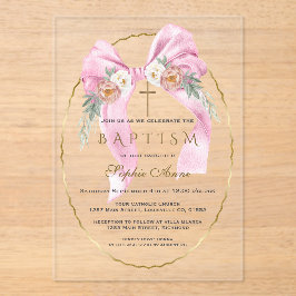 Boho Bloemen Roze Strik Meisje Doop Transparant   Acryl Uitnodigingen