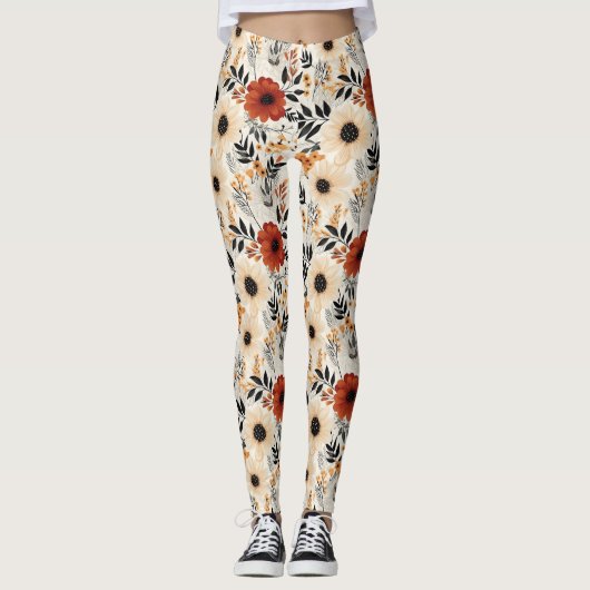 Boho Bloemen Schattige Zwart Sinaasappel Blauw Cre Leggings (Voorkant)