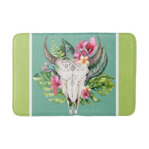 Boho Bloemen Schedel Turquoise & Groen Helder Kleu Badmat
