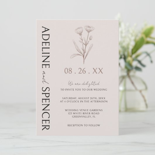 Boho Bloemen Schets Moderne Foto Bruiloft Kaart (Staand voorkant)