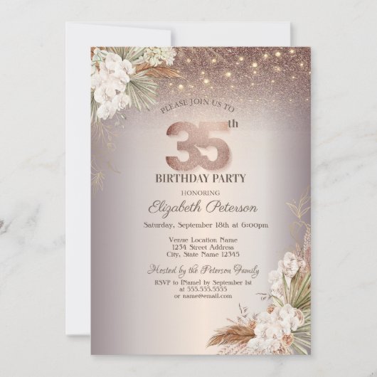 Boho Bloemen,Slingerlichten Glitters 35e Verjaarda Kaart (Voorkant)