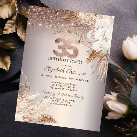 Boho Bloemen, String Lights Glitter 35e Verjaardag Kaart