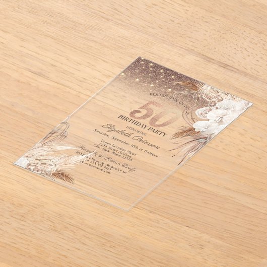 Boho Bloemen, String Lights Glitter 50ste verjaard Acryl Uitnodigingen (Laagn)