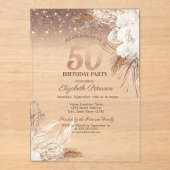 Boho Bloemen, String Lights Glitter 50ste verjaard Acryl Uitnodigingen (Voorkant)