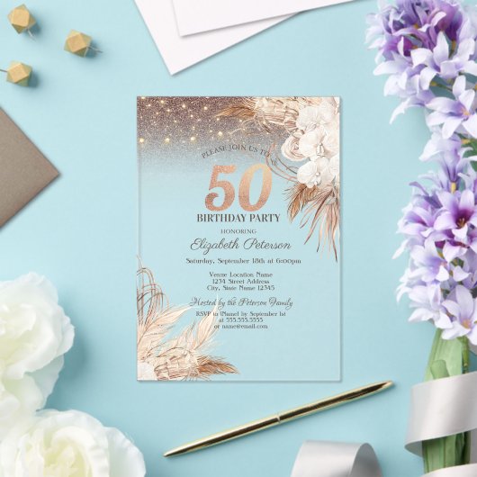 Boho Bloemen, String Lights Glitter 50ste verjaard Acryl Uitnodigingen (Insitu (Huwelijk))