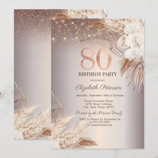 Boho Bloemen, String Lights Glitter 80ste Verjaard Kaart (Voorkant / Achterkant)