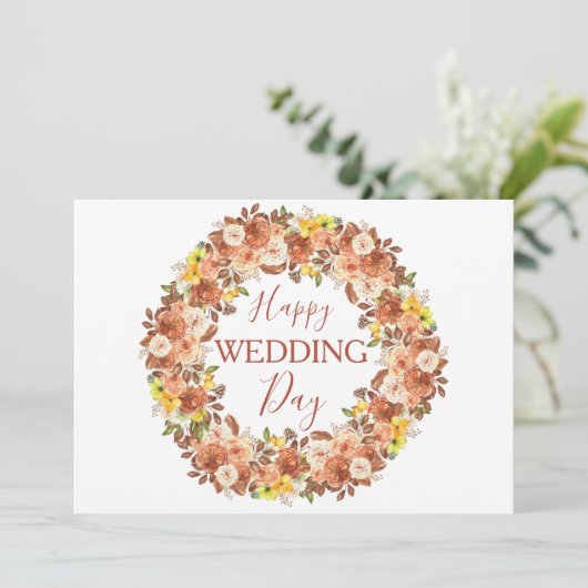 Boho Bloemen Terracotta Krans Gelukkige Bruiloft D Kaart (Staand voorkant)