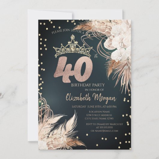 Boho Bloemen Tiara Diamonds Groen 40th Kaart (Voorkant)