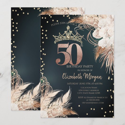 Boho Bloemen Tiara Diamonds Groen 50th Kaart (Voorkant / Achterkant)