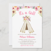 Boho Bloemen Tribal Teepee Meisje Baby shower Invi Kaart (Voorkant)