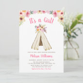 Boho Bloemen Tribal Teepee Meisje Baby shower Invi Kaart (Staand voorkant)