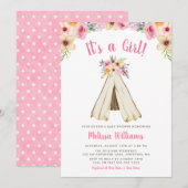 Boho Bloemen Tribal Teepee Meisje Baby shower Invi Kaart (Voorkant / Achterkant)