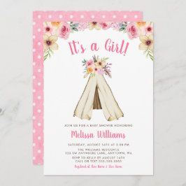 Boho Bloemen Tribal Teepee Meisje Baby shower Invi Kaart