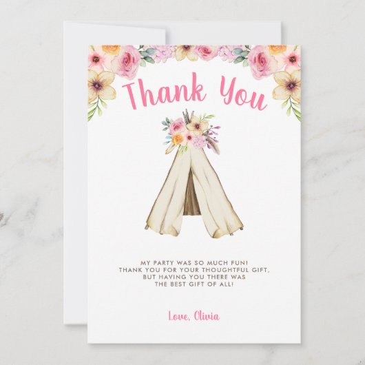 Boho Bloemen Tribal Teepee Verjaardag Bedankkaart (Voorkant)