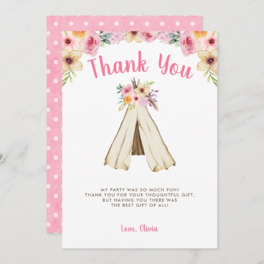 Boho Bloemen Tribal Teepee Verjaardag Bedankkaart (Voorkant / Achterkant)