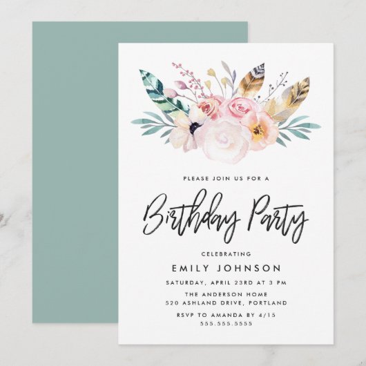 Boho Bloemen | Uitnodiging Verjaardagsfeest (Voorkant / Achterkant)