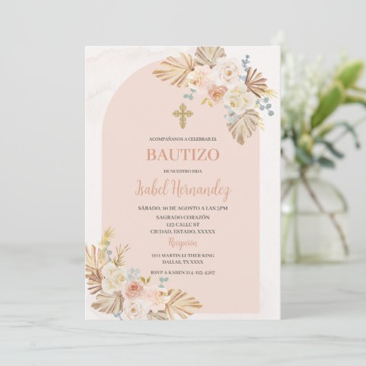 Boho Bloemen Uitnodiging voor Spaanse Doop (Staand voorkant)