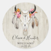 Boho Bloemen Veer Antler Koe Schedel Bruiloft Ronde Sticker (Voorkant)