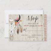 Boho Bloemen Veer Antler Koe Schedel Hout Bruiloft RSVP Kaartje (Voorkant)