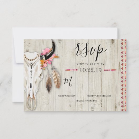 Boho Bloemen Veer Antler Koe Schedel Hout Bruiloft RSVP Kaartje (Voorkant)