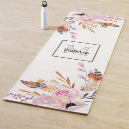 Boho bloemen veer wit roze meisjesachtig monogram yogamat