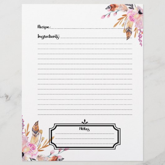 Boho bloemen veer wit roze receptblad flyer (Voorkant)