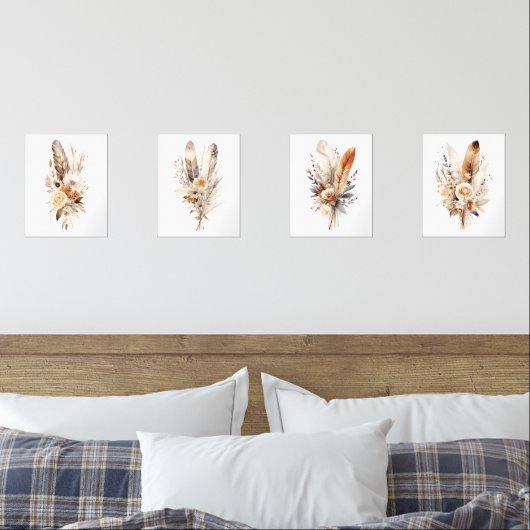 Boho Bloemen Veren Beige Bruin Grijs Muur Art Set (Slaapkamer)