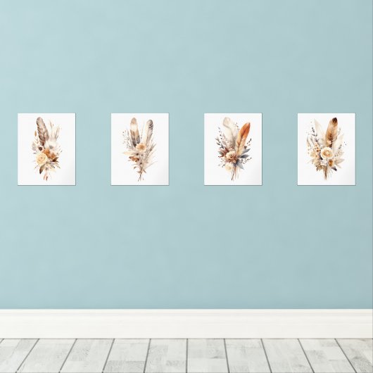 Boho Bloemen Veren Beige Bruin Grijs Muur Art Set (Houten vloer)