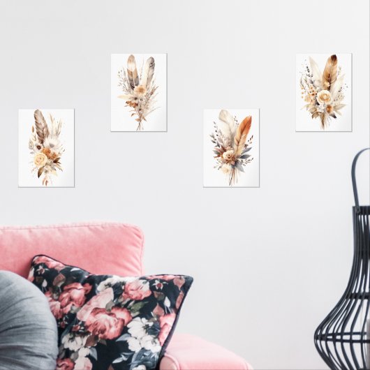 Boho Bloemen Veren Beige Bruin Grijs Muur Art Set (Woonkamer)