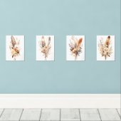 Boho Bloemen Veren Beige Bruin Grijs Muur Art Set (Houten vloer)