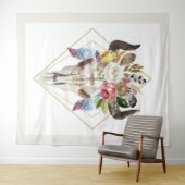 Boho bloemen & veren geometrische stier schedel wandkleed (In Situ (horizontaal))