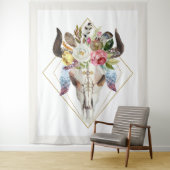 Boho bloemen & veren geometrische stier schedel wandkleed (In situ)