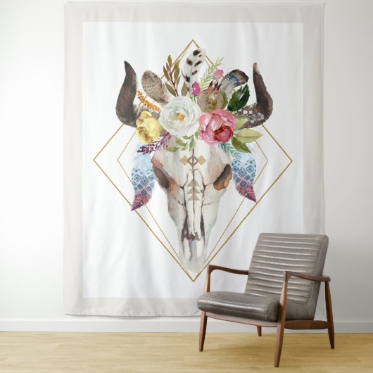 Boho bloemen & veren geometrische stier schedel wandkleed (In situ)