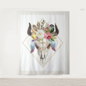 Boho bloemen & veren geometrische stier schedel wandkleed (Voorkant)