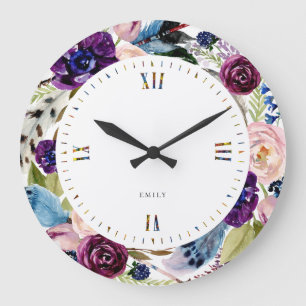 Boho bloemen & veren krans grote klok