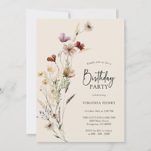 Boho bloemen verjaardagsuitnodiging kaart (Voorkant)