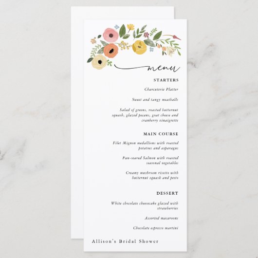  Boho Bloemen Vrijgezellenfeest Menu (Voorkant / Achterkant)