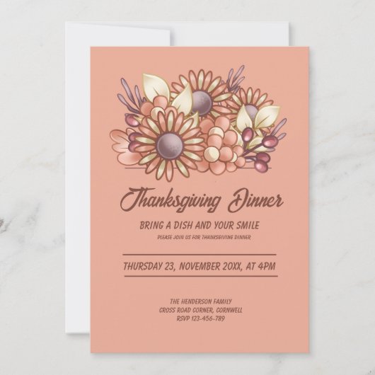Boho Bloemen Warm Perzik Thanksgiving Diner Kaart (Voorkant)