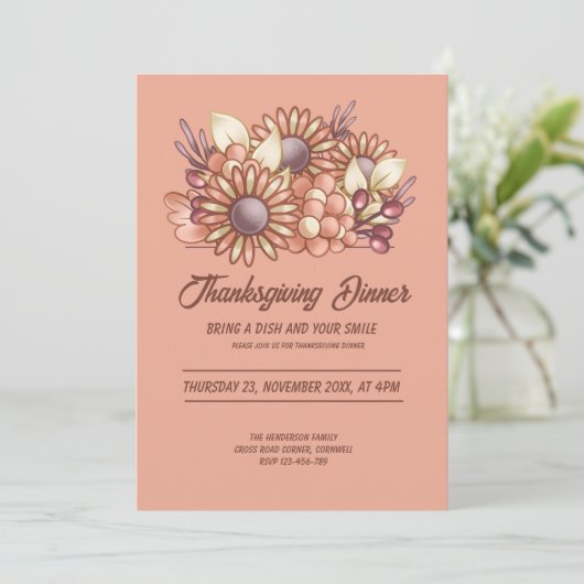 Boho Bloemen Warm Perzik Thanksgiving Diner Kaart (Staand voorkant)