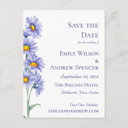Boho Bloemen Waterverf Blauwe Aster Save the Date Uitnodiging Briefkaart (Voorkant)