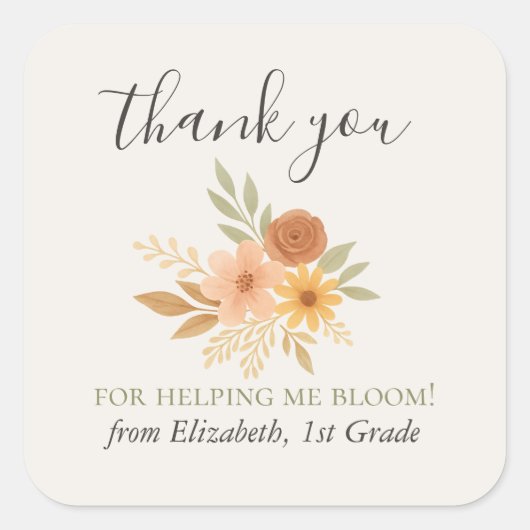 Boho Bloemen Waterverf Docent Dank u Vierkante Sticker (Voorkant)