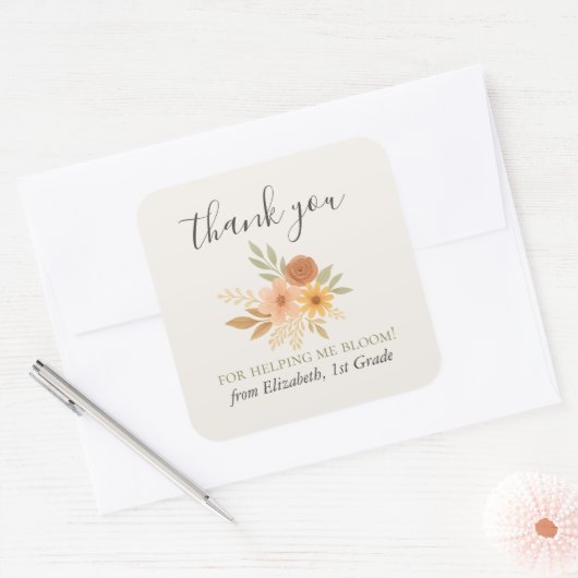 Boho Bloemen Waterverf Docent Dank u Vierkante Sticker (Envelop)