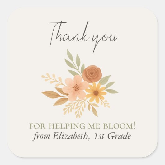 Boho Bloemen Waterverf Docent Dank u Vierkante Sticker (Voorkant)