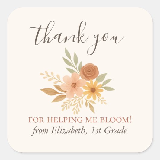 Boho Bloemen Waterverf Docent Dank u Vierkante Sticker (Voorkant)