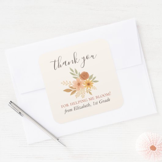 Boho Bloemen Waterverf Docent Dank u Vierkante Sticker (Envelop)