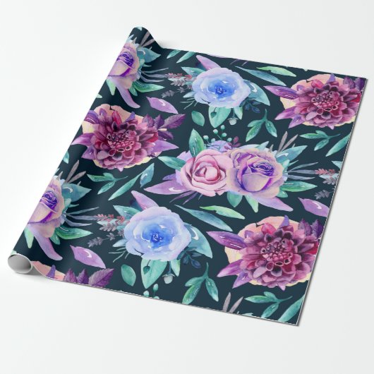 Boho bloemen waterverf. Paarse bloemmotief Cadeaupapier (Uitgerold)