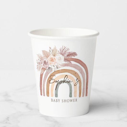 Boho Bloemen Waterverf Regenboog Baby shower Papieren Bekers (Achterkant)