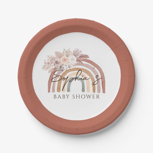 Boho Bloemen Waterverf Regenboog Baby shower Papieren Bordje (Voorkant)