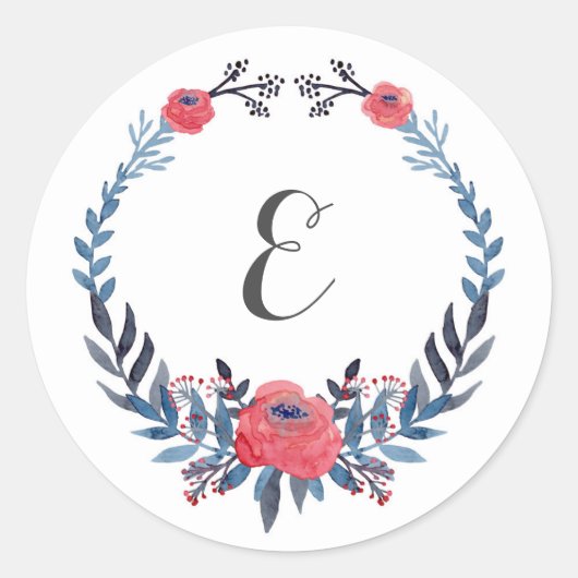 Boho Bloemen Waterverf Rode rozen | Monogram Ronde Sticker (Voorkant)